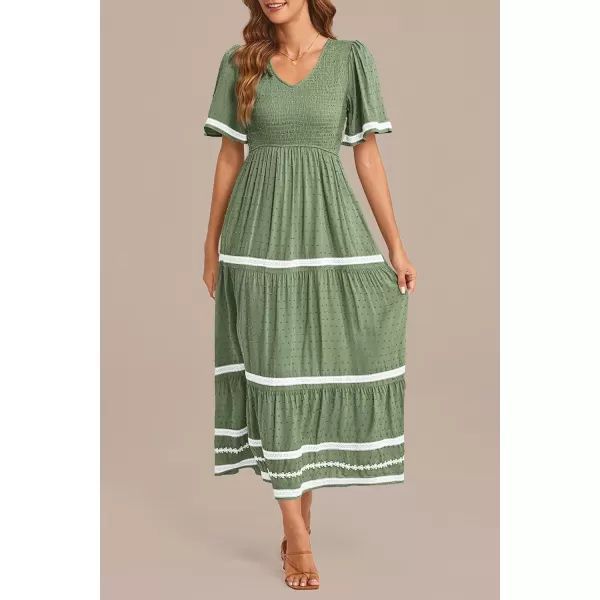 imagePRETTYGARDEN Womens Casual Summer Maxi Dress Short Sleeve Swiss Dot V Neck Smocked Long Flowy Beach DressesLight Green