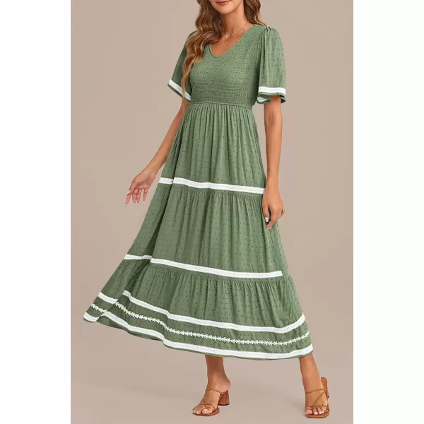 imagePRETTYGARDEN Womens Casual Summer Maxi Dress Short Sleeve Swiss Dot V Neck Smocked Long Flowy Beach DressesLight Green