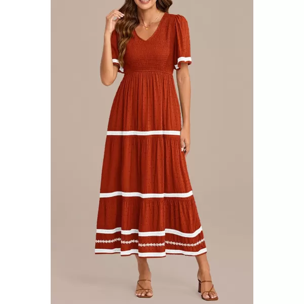 imagePRETTYGARDEN Womens Casual Summer Maxi Dress Short Sleeve Swiss Dot V Neck Smocked Long Flowy Beach DressesOrange Red