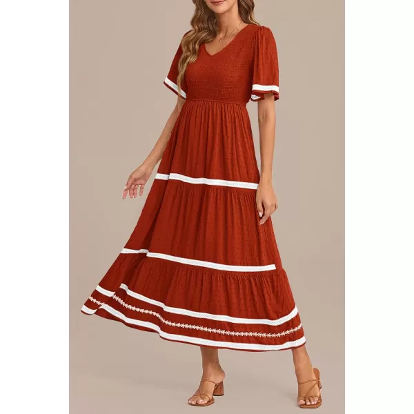 imagePRETTYGARDEN Womens Casual Summer Maxi Dress Short Sleeve Swiss Dot V Neck Smocked Long Flowy Beach DressesOrange Red