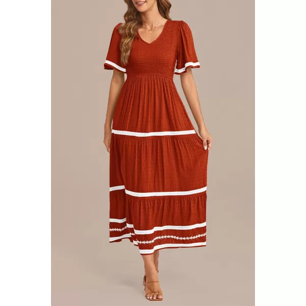imagePRETTYGARDEN Womens Casual Summer Maxi Dress Short Sleeve Swiss Dot V Neck Smocked Long Flowy Beach DressesOrange Red