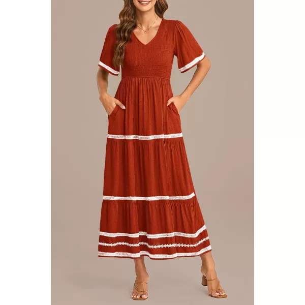imagePRETTYGARDEN Womens Casual Summer Maxi Dress Short Sleeve Swiss Dot V Neck Smocked Long Flowy Beach DressesOrange Red