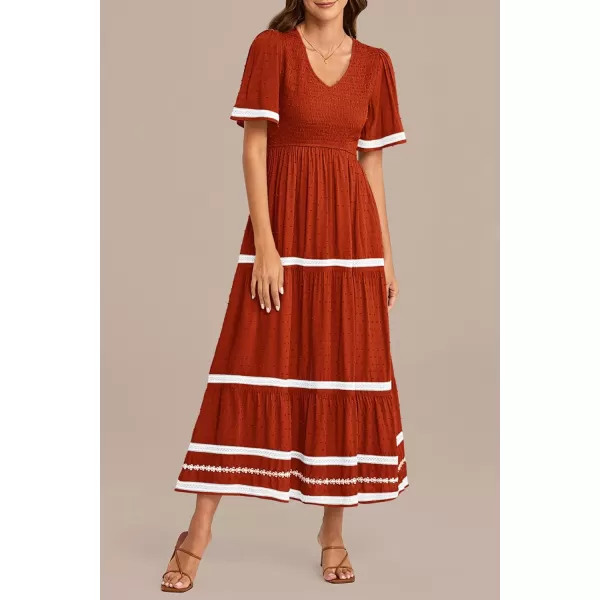 imagePRETTYGARDEN Womens Casual Summer Maxi Dress Short Sleeve Swiss Dot V Neck Smocked Long Flowy Beach DressesOrange Red