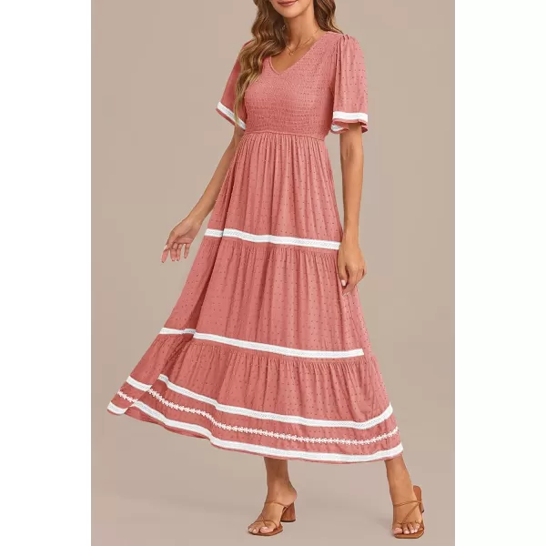 imagePRETTYGARDEN Womens Casual Summer Maxi Dress Short Sleeve Swiss Dot V Neck Smocked Long Flowy Beach DressesPink