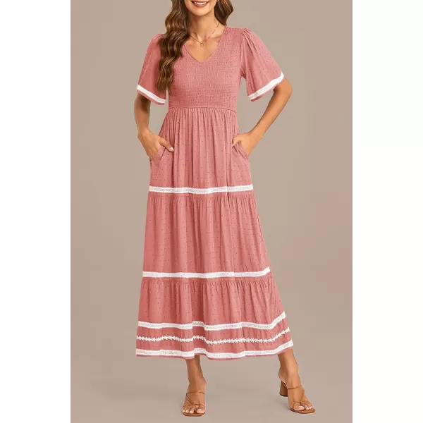 imagePRETTYGARDEN Womens Casual Summer Maxi Dress Short Sleeve Swiss Dot V Neck Smocked Long Flowy Beach DressesPink