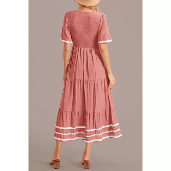 imagePRETTYGARDEN Womens Casual Summer Maxi Dress Short Sleeve Swiss Dot V Neck Smocked Long Flowy Beach DressesPink