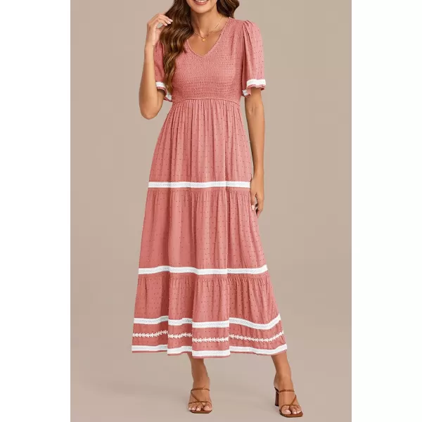 imagePRETTYGARDEN Womens Casual Summer Maxi Dress Short Sleeve Swiss Dot V Neck Smocked Long Flowy Beach DressesPink