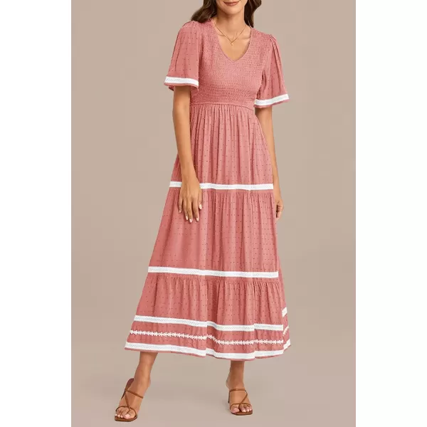 imagePRETTYGARDEN Womens Casual Summer Maxi Dress Short Sleeve Swiss Dot V Neck Smocked Long Flowy Beach DressesPink