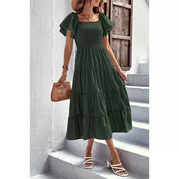 imagePRETTYGARDEN Womens Casual Summer Midi Dress Puffy Short Sleeve Square Neck Smocked Tiered Ruffle DressesArmy Green