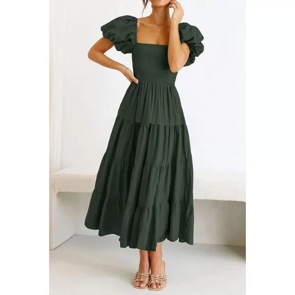 imagePRETTYGARDEN Womens Casual Summer Midi Dress Puffy Short Sleeve Square Neck Smocked Tiered Ruffle DressesArmy Green