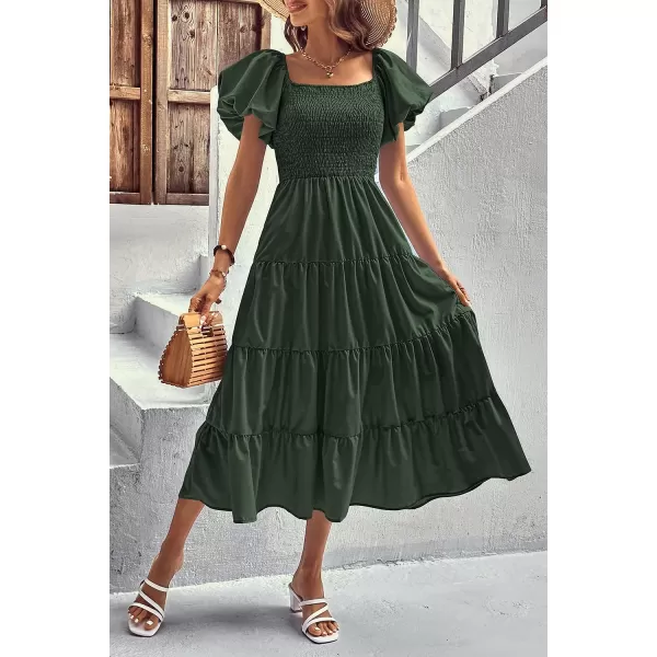 imagePRETTYGARDEN Womens Casual Summer Midi Dress Puffy Short Sleeve Square Neck Smocked Tiered Ruffle DressesArmy Green