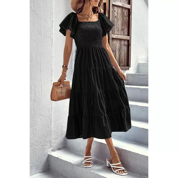 imagePRETTYGARDEN Womens Casual Summer Midi Dress Puffy Short Sleeve Square Neck Smocked Tiered Ruffle DressesBlack