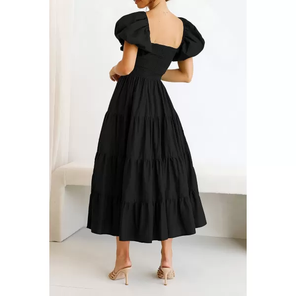 imagePRETTYGARDEN Womens Casual Summer Midi Dress Puffy Short Sleeve Square Neck Smocked Tiered Ruffle DressesBlack