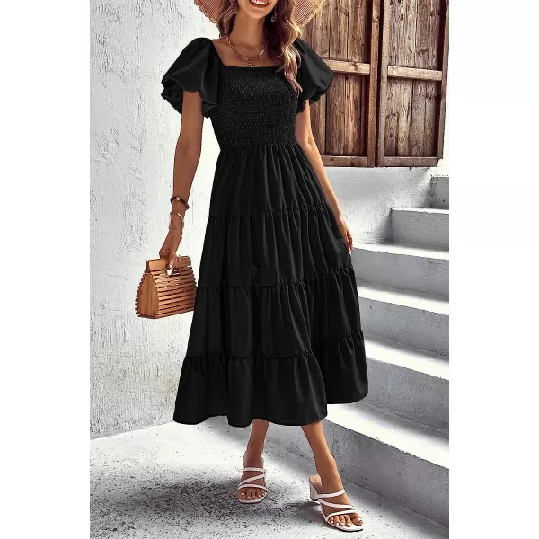 imagePRETTYGARDEN Womens Casual Summer Midi Dress Puffy Short Sleeve Square Neck Smocked Tiered Ruffle DressesBlack
