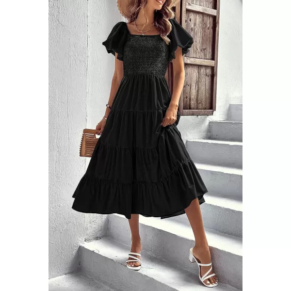 imagePRETTYGARDEN Womens Casual Summer Midi Dress Puffy Short Sleeve Square Neck Smocked Tiered Ruffle DressesBlack