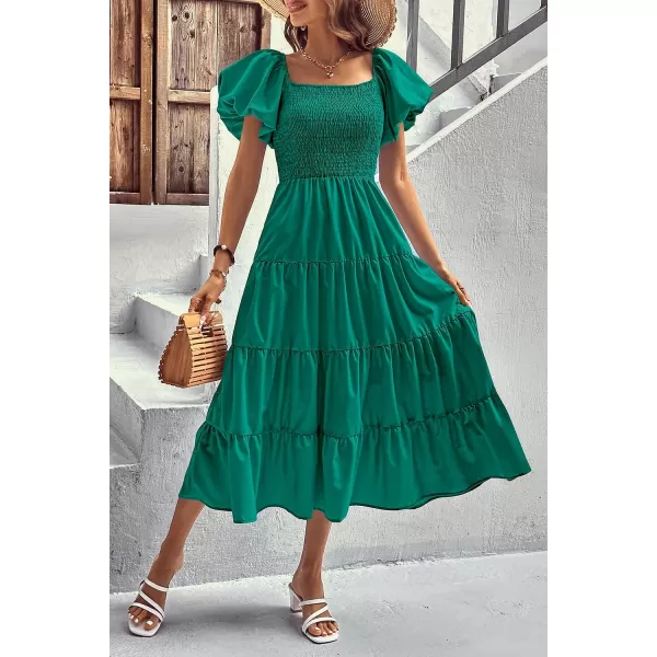 imagePRETTYGARDEN Womens Casual Summer Midi Dress Puffy Short Sleeve Square Neck Smocked Tiered Ruffle DressesDark Green