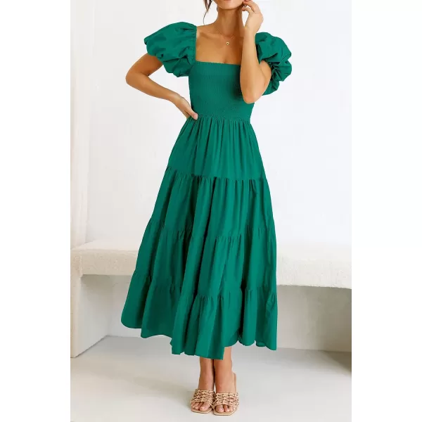 imagePRETTYGARDEN Womens Casual Summer Midi Dress Puffy Short Sleeve Square Neck Smocked Tiered Ruffle DressesDark Green