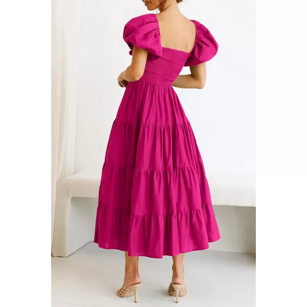 imagePRETTYGARDEN Womens Casual Summer Midi Dress Puffy Short Sleeve Square Neck Smocked Tiered Ruffle DressesDark Rose Red