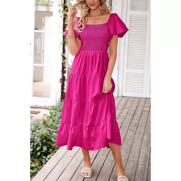 imagePRETTYGARDEN Womens Casual Summer Midi Dress Puffy Short Sleeve Square Neck Smocked Tiered Ruffle DressesDark Rose Red