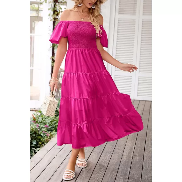 imagePRETTYGARDEN Womens Casual Summer Midi Dress Puffy Short Sleeve Square Neck Smocked Tiered Ruffle DressesDark Rose Red
