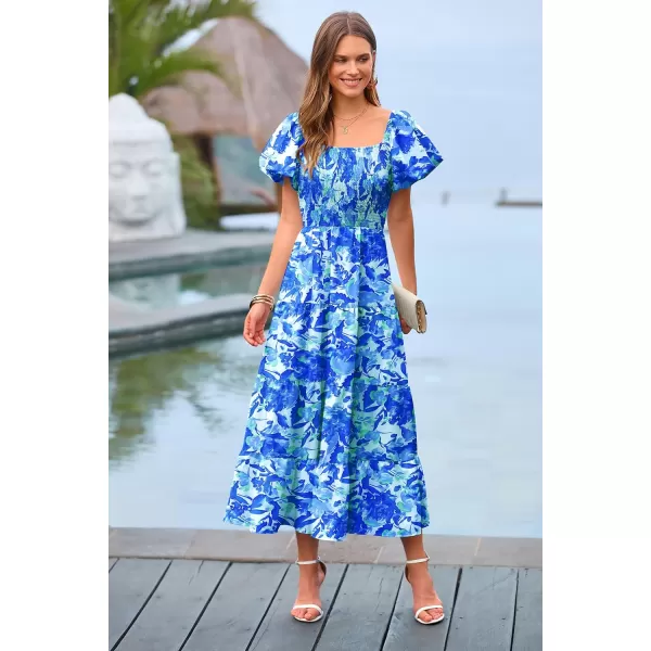 imagePRETTYGARDEN Womens Casual Summer Midi Dress Puffy Short Sleeve Square Neck Smocked Tiered Ruffle DressesFloral Blue
