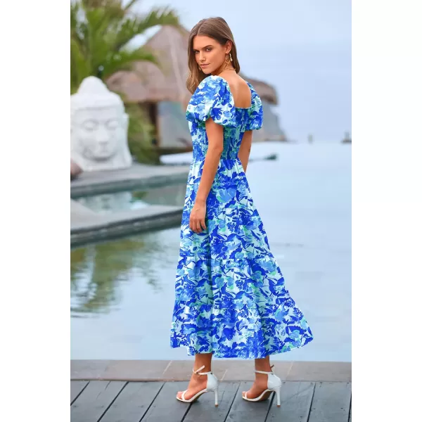 imagePRETTYGARDEN Womens Casual Summer Midi Dress Puffy Short Sleeve Square Neck Smocked Tiered Ruffle DressesFloral Blue