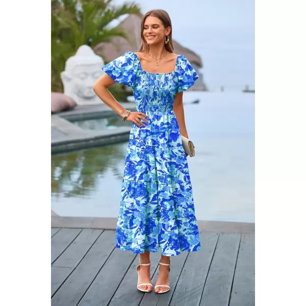 imagePRETTYGARDEN Womens Casual Summer Midi Dress Puffy Short Sleeve Square Neck Smocked Tiered Ruffle DressesFloral Blue