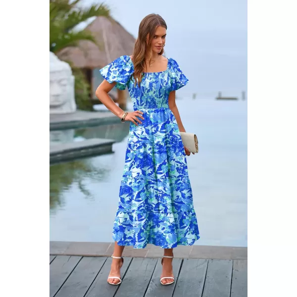 imagePRETTYGARDEN Womens Casual Summer Midi Dress Puffy Short Sleeve Square Neck Smocked Tiered Ruffle DressesFloral Blue