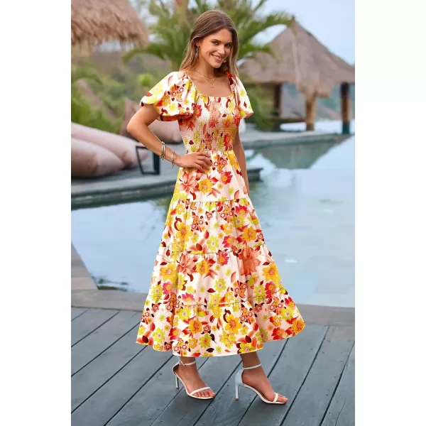 imagePRETTYGARDEN Womens Casual Summer Midi Dress Puffy Short Sleeve Square Neck Smocked Tiered Ruffle DressesFloral Orange Red