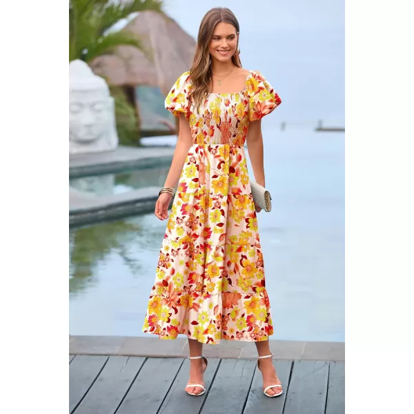 imagePRETTYGARDEN Womens Casual Summer Midi Dress Puffy Short Sleeve Square Neck Smocked Tiered Ruffle DressesFloral Orange Red