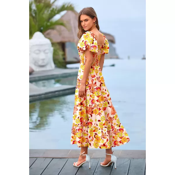 imagePRETTYGARDEN Womens Casual Summer Midi Dress Puffy Short Sleeve Square Neck Smocked Tiered Ruffle DressesFloral Orange Red