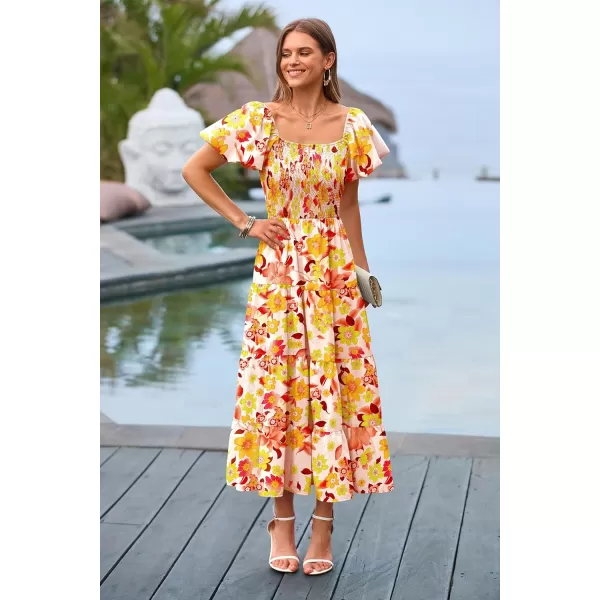 imagePRETTYGARDEN Womens Casual Summer Midi Dress Puffy Short Sleeve Square Neck Smocked Tiered Ruffle DressesFloral Orange Red
