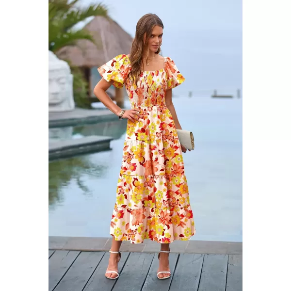 imagePRETTYGARDEN Womens Casual Summer Midi Dress Puffy Short Sleeve Square Neck Smocked Tiered Ruffle DressesFloral Orange Red
