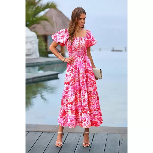imagePRETTYGARDEN Womens Casual Summer Midi Dress Puffy Short Sleeve Square Neck Smocked Tiered Ruffle DressesFloral Rose Red