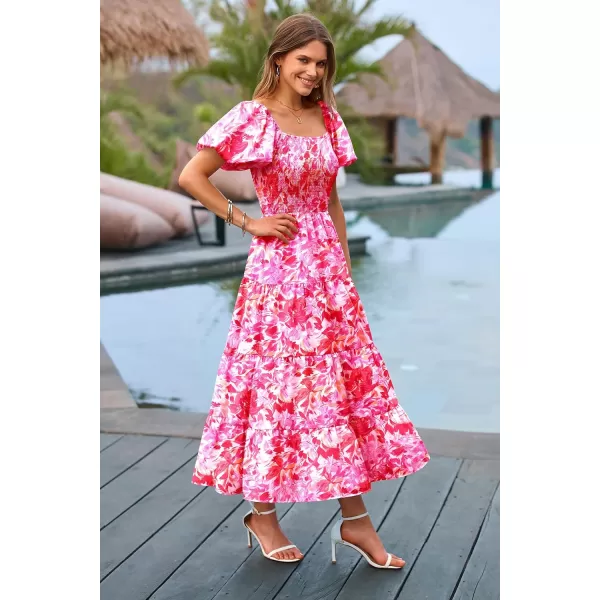 imagePRETTYGARDEN Womens Casual Summer Midi Dress Puffy Short Sleeve Square Neck Smocked Tiered Ruffle DressesFloral Rose Red