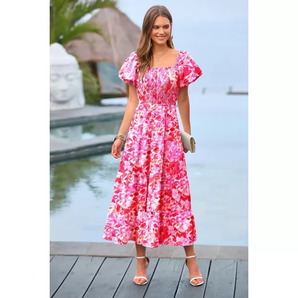imagePRETTYGARDEN Womens Casual Summer Midi Dress Puffy Short Sleeve Square Neck Smocked Tiered Ruffle DressesFloral Rose Red