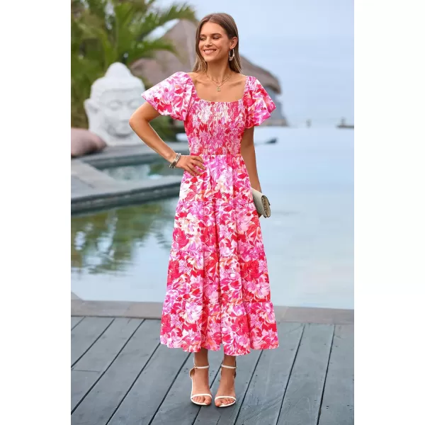 imagePRETTYGARDEN Womens Casual Summer Midi Dress Puffy Short Sleeve Square Neck Smocked Tiered Ruffle DressesFloral Rose Red