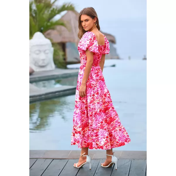 imagePRETTYGARDEN Womens Casual Summer Midi Dress Puffy Short Sleeve Square Neck Smocked Tiered Ruffle DressesFloral Rose Red
