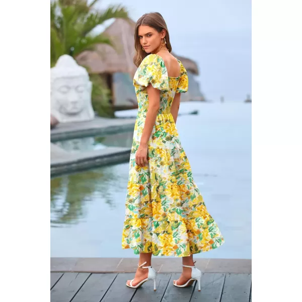 imagePRETTYGARDEN Womens Casual Summer Midi Dress Puffy Short Sleeve Square Neck Smocked Tiered Ruffle DressesFloral Yellow