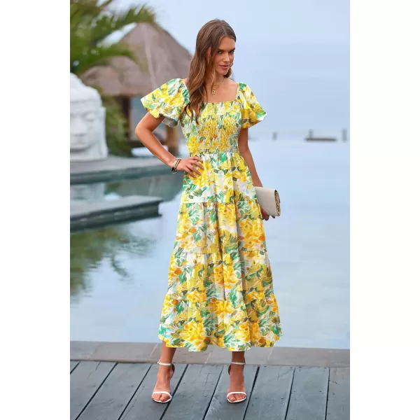 imagePRETTYGARDEN Womens Casual Summer Midi Dress Puffy Short Sleeve Square Neck Smocked Tiered Ruffle DressesFloral Yellow