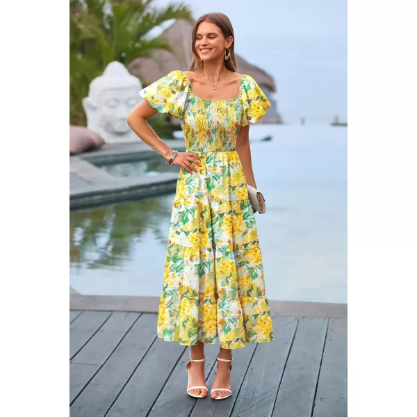 imagePRETTYGARDEN Womens Casual Summer Midi Dress Puffy Short Sleeve Square Neck Smocked Tiered Ruffle DressesFloral Yellow