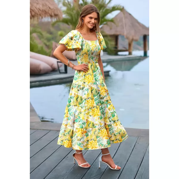 imagePRETTYGARDEN Womens Casual Summer Midi Dress Puffy Short Sleeve Square Neck Smocked Tiered Ruffle DressesFloral Yellow