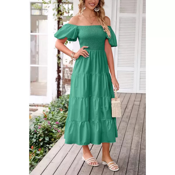imagePRETTYGARDEN Womens Casual Summer Midi Dress Puffy Short Sleeve Square Neck Smocked Tiered Ruffle DressesGreen