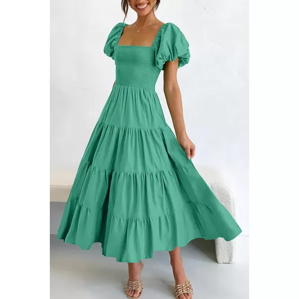 imagePRETTYGARDEN Womens Casual Summer Midi Dress Puffy Short Sleeve Square Neck Smocked Tiered Ruffle DressesGreen