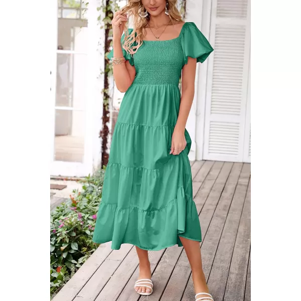 imagePRETTYGARDEN Womens Casual Summer Midi Dress Puffy Short Sleeve Square Neck Smocked Tiered Ruffle DressesGreen
