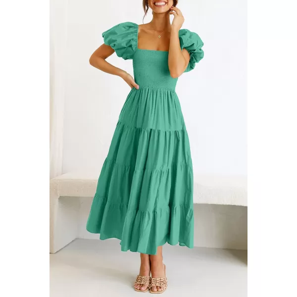 imagePRETTYGARDEN Womens Casual Summer Midi Dress Puffy Short Sleeve Square Neck Smocked Tiered Ruffle DressesGreen
