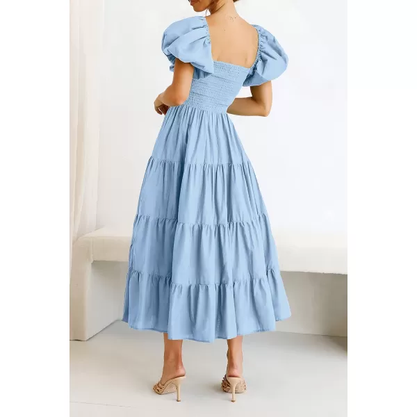 imagePRETTYGARDEN Womens Casual Summer Midi Dress Puffy Short Sleeve Square Neck Smocked Tiered Ruffle DressesLight Blue