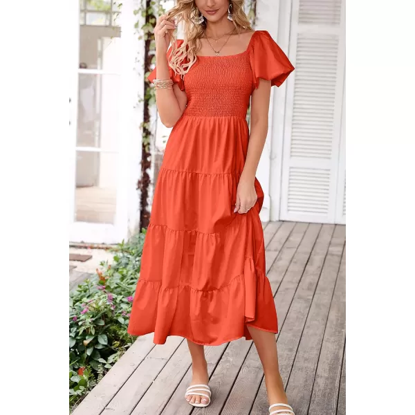 imagePRETTYGARDEN Womens Casual Summer Midi Dress Puffy Short Sleeve Square Neck Smocked Tiered Ruffle DressesOrange