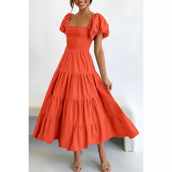 imagePRETTYGARDEN Womens Casual Summer Midi Dress Puffy Short Sleeve Square Neck Smocked Tiered Ruffle DressesOrange