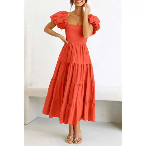 imagePRETTYGARDEN Womens Casual Summer Midi Dress Puffy Short Sleeve Square Neck Smocked Tiered Ruffle DressesOrange